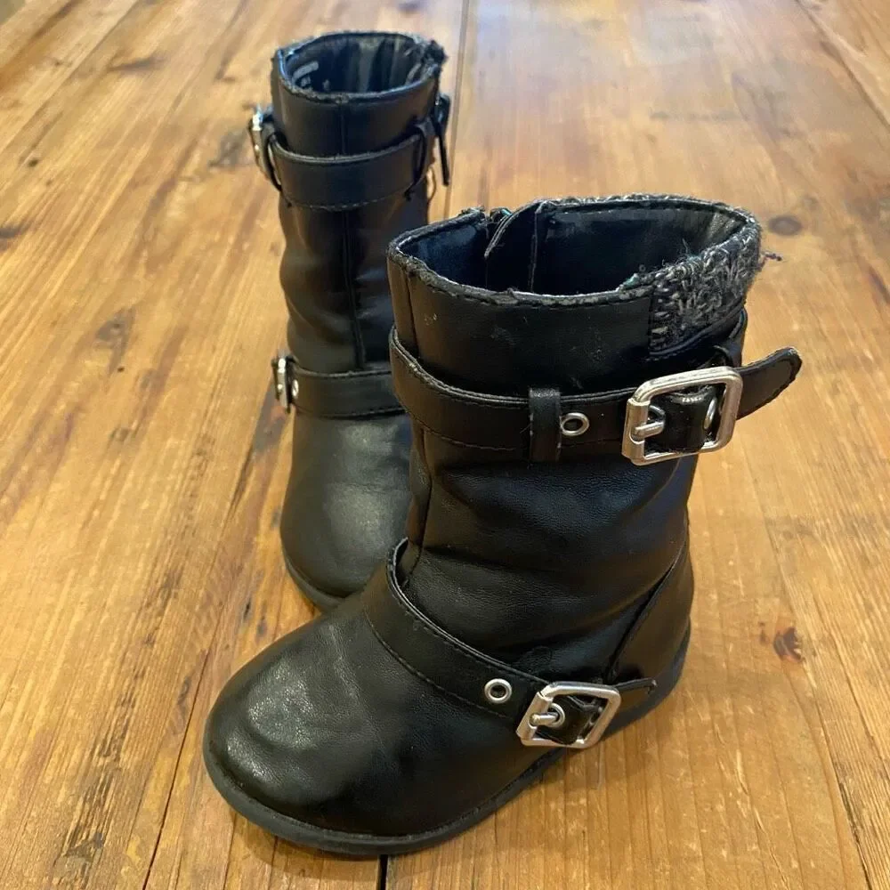 Garanimals Black Fashion Boots Side Zipper Knit Upper Buckle Accents Toddler Siz